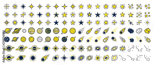 Принти на полотні Hand-drawn Space Icons Collection - Stars, Planets, Galaxies, Comets