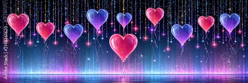 Heart shaped balloons floating against a dark background with sparkling lights and reflections