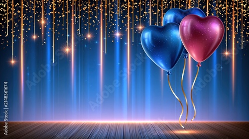 Heart-shaped balloons float against a backdrop of golden confetti and glowing blue lights on a wooden stage.
