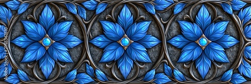 Intricate blue floral pattern with metallic vine accents and gemstone center, digital art