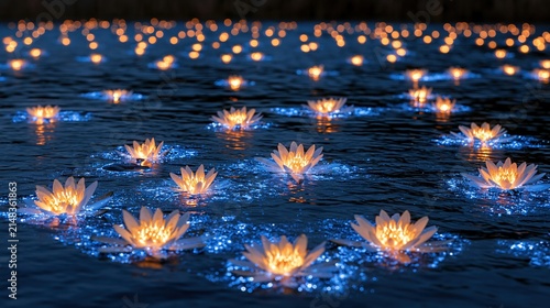 Illuminated Lotus Flowers Floating on Water with Bioluminescence at Night