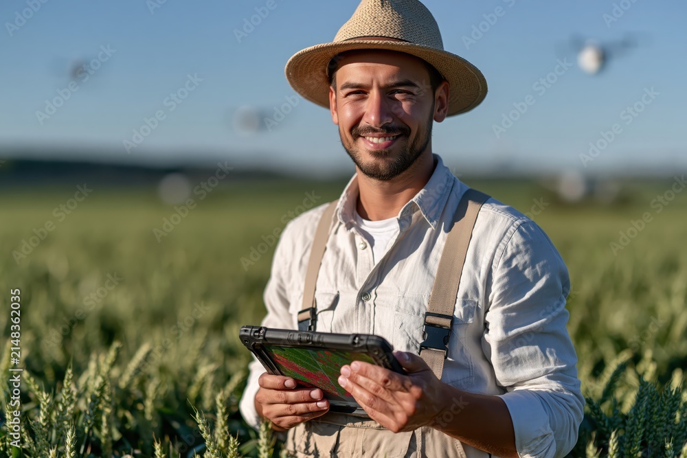Fototapeta premium Farmer holding digital tablet in wheat field with agricultural drones
