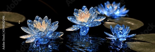 Magical glowing blue water lilies with sparkling light effects on dark water at night.