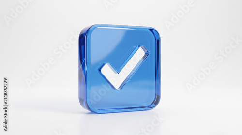 Blue glass checkmark box icon for confirmation.