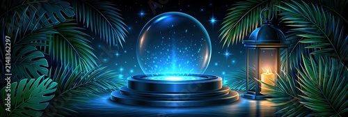 Mystical Crystal Ball and Lantern Amidst Tropical Jungle at Night