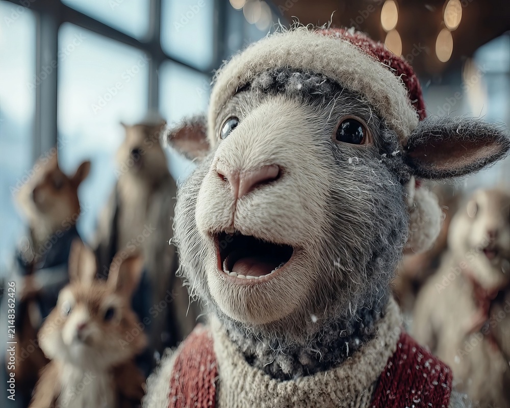 Obraz premium A happy sheep wearing a Santa hat singing Christmas carols with a woodland animal choir indoors.