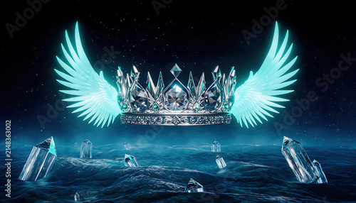 Magical glowing diamond crown with neon blue angel wings hovering over a dark crystal ocean under a starry sky, 3D fantasy art