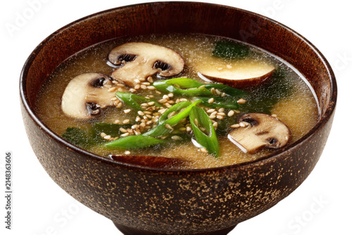 Japanese Miso Soup with Mushrooms and Onions in Wooden Bowl