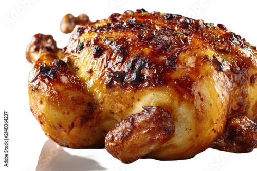 Whole Roasted Chicken with Golden Crispy Skin on White Background