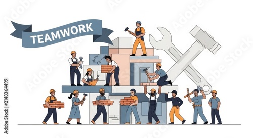 Teamwork Construction Workers Building House Icon Illustration