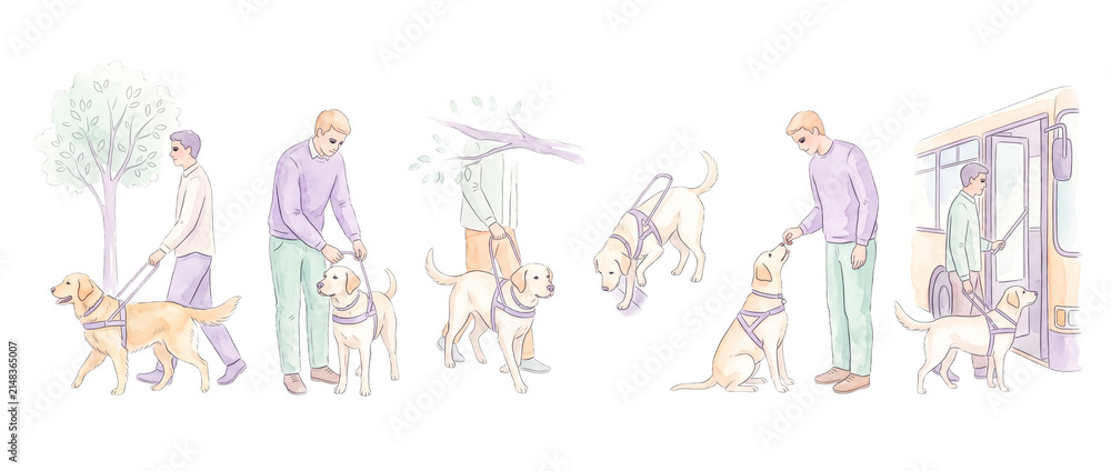 Fototapeta premium Blind man guide dog harness navigating city daily routine isolated watercolor set, visually impaired person training assistance dog walking boarding bus support accessibility concept illustration.