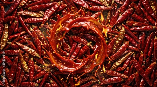 Chili peppers surround a vibrant swirling splash of hot red spicy sauce.