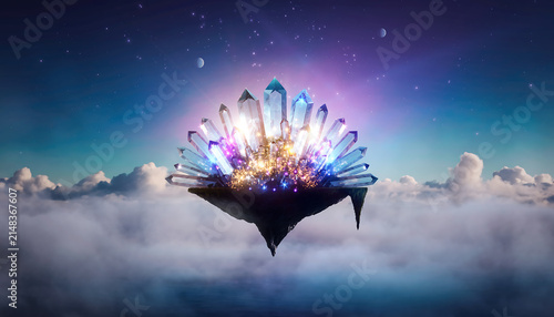 Magical floating island with glowing giant crystals shining above the clouds in a starry night sky, fantasy concept art
