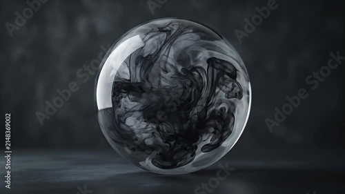 Black ink diffusing inside a clear glass sphere on dark surface