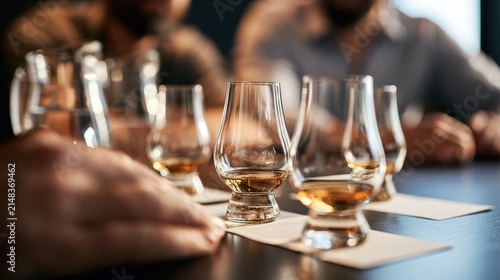 Whisky Tasting Glasses on Dark Table at a Spirits Event