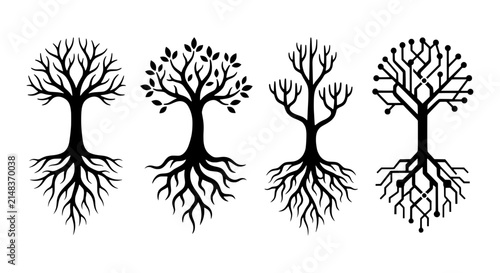 Four Stylized Tree Icons, Organic Roots, Digital Branches, Black Vector Art