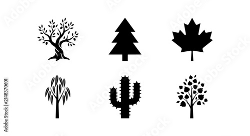 Diverse Tree Icons Set, Nature Symbols Collection, Botanical Vector Graphics, Organic Shapes