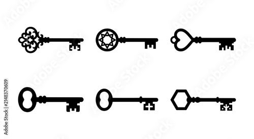 Vintage Skeleton Keys Collection, Ornate Antique Lock Mechanisms, Decorative Old Access Icons