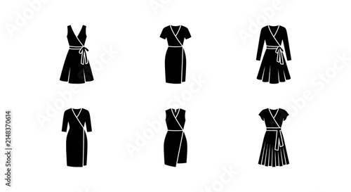 Black Wrap Dress Icons, Fashion Vector Collection, Elegant Silhouette Styles, Versatile Clothing Graphics