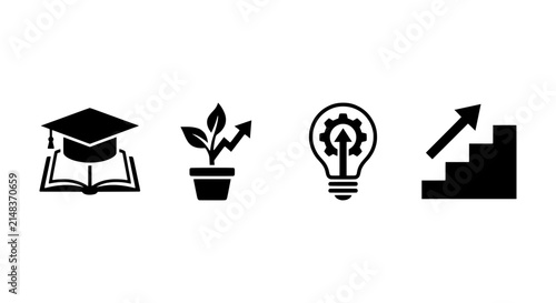Business Growth Icons: Graduation Cap, Plant Growth, Lightbulb Idea, Stairs Up, Vector Set