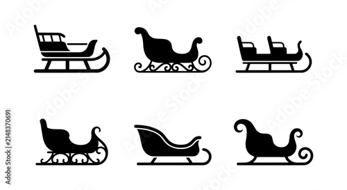 Christmas Sleigh Icons, Winter Holiday Transport Vector Set, Festive Season Silhouette Collection