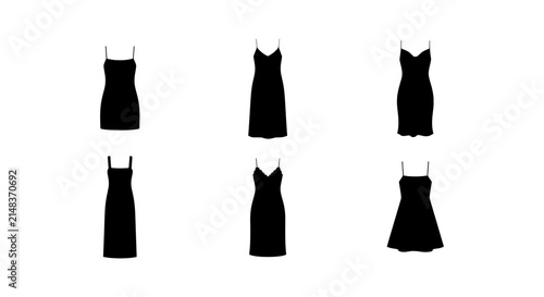 Six Black Slip Dresses, Vector Fashion Silhouettes, Minimalist Apparel Collection