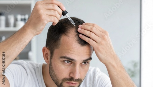 Young man applying serum on hair to treat baldness and hair loss in bathroom