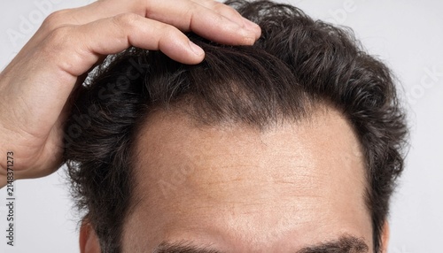 Close up of a man checking his receding hairline on forehead