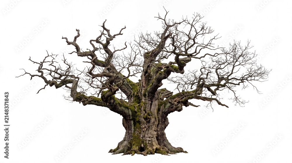 Fototapeta premium Ancient oak tree with twisted leafless branches and mossy trunk standing tall isolated on white background