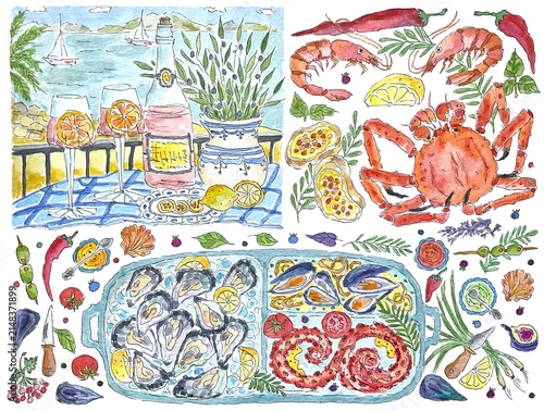 Mediterranean seafood and wine, watercolor illustration.