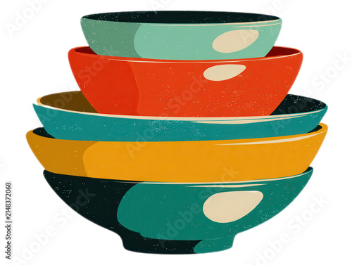 Stacked Colorful Mid-Century Ceramic Bowls Illustration
