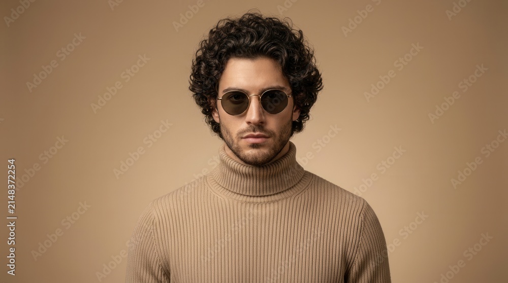Fototapeta premium Cool sophisticated mood of a young man with curly hair in a beige turtleneck wearing round sunglasses.
