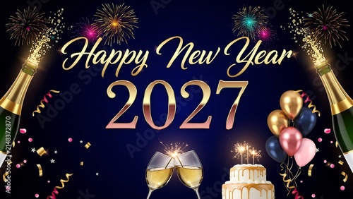 Happy new year 2027 celebration with champagne, balloons and fireworks