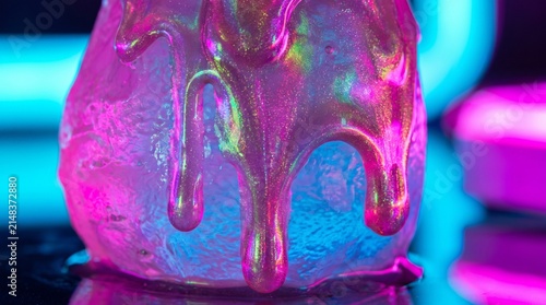 Iridescent Pink Glitter Liquid Dripping Over Textured Sphere with Neon Background