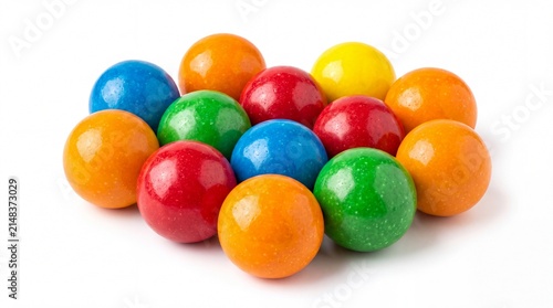 Assorted colorful sweet gumballs arranged in a circular cluster isolated nicely sitting on white background