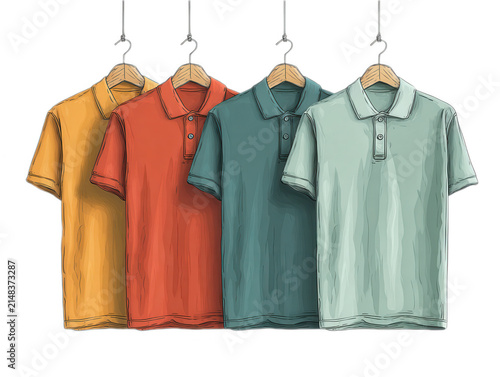 Colorful Polo Shirts Illustration on Wooden Hangers
