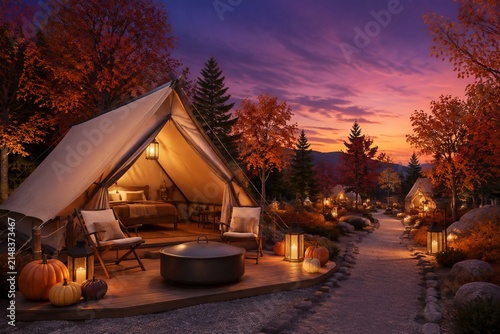 Safe Halloween Glamping Campsite at Autumn Twilight