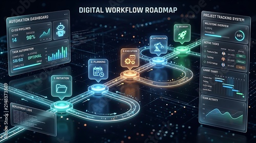 Digital workflow roadmap futuristic project management dashboard with automation stages with roadmap with presents futuristic, optimization, infographic