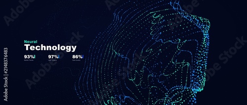 Abstract neural technology concept displaying particle data streams with glowing blue and green digital light patterns