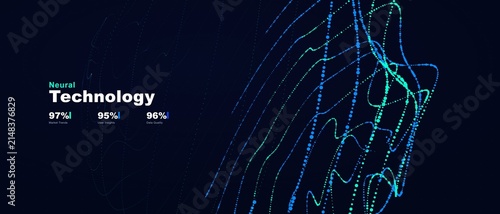 Advanced neural technology visualization featuring data trends and user insights displayed through glowing blue light particle streams