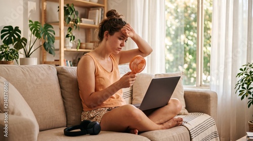 Woman suffering from summer heat while working on her laptop