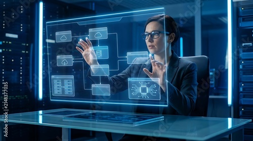 Female professional analyzing digital cloud computing interface in data center with woman interacting futuristic holographic screen with infrastructure
