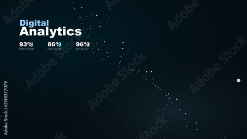 Digital analytics interface featuring floating glowing data particles with percentages on a clean dark space