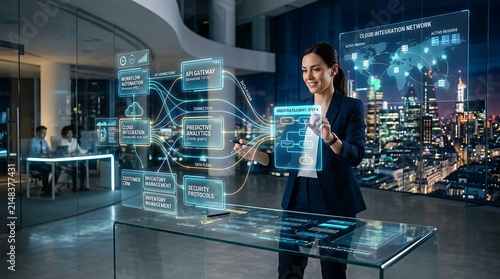 Professional businesswoman interacting with futuristic holographic cloud integration network display with smiling businesswoman touching holographic screens