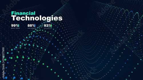 Financial technology concept with abstract digital dot grid and data analysis charts on dark surface
