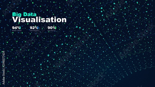 Futuristic big data visualization concept with green glowing particles and numerical percentages on a dark digital space
