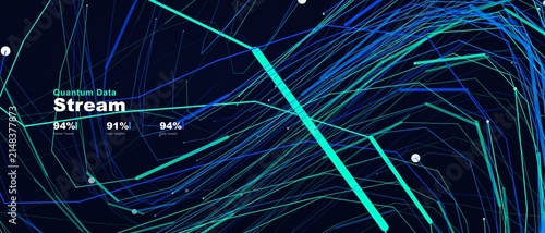 Futuristic quantum data stream visualization showing interconnected lines and analytics statistics on dark digital interface
