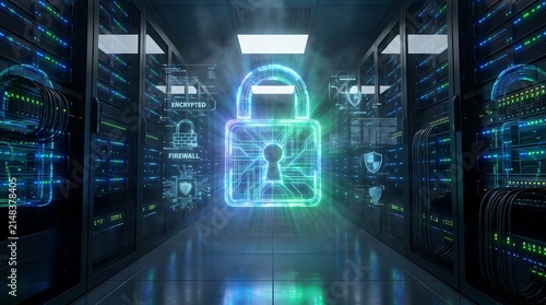 Cybersecurity digital padlock hologram in data center server room with security protection technology information internet business encryption