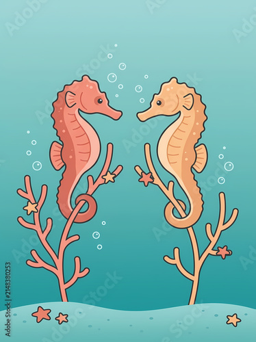 Cute Seahorse Pair Underwater Illustration with Coral and Starfish