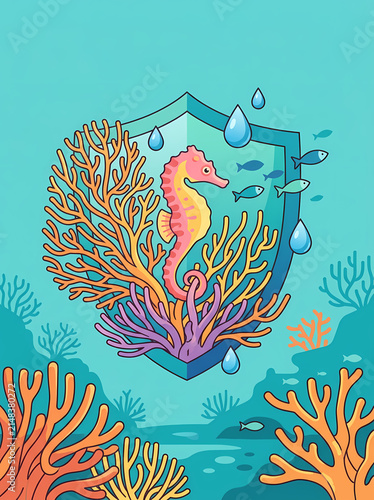 Marine Life Protection Concept with Seahorse and Coral Reef Shield